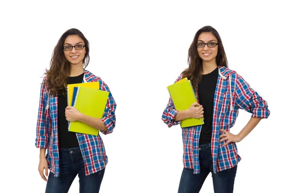 Joven estudiante con libros de texto aislados en blanco —  Fotos de Stock