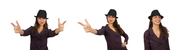 Woman dressed as gangster isolated on white — Stock Photo, Image