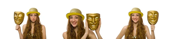 Meisje in gouden masker geïsoleerd op wit — Stockfoto