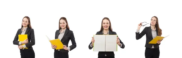 Senhora de trabalho com papel isolado em branco — Fotografia de Stock