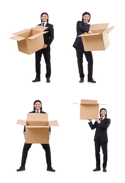 Смешной человек с коробками на белом — стоковое фото