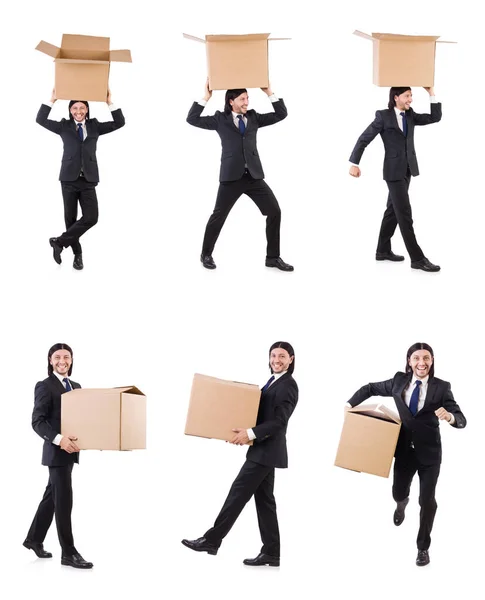 Uomo divertente con scatole su bianco — Foto Stock