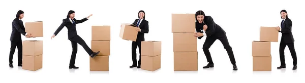 Hombre divertido con cajas en blanco — Foto de Stock