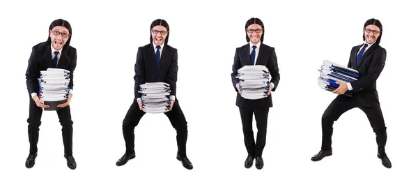 Hombre divertido con un montón de papeles en blanco —  Fotos de Stock