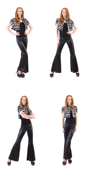 Mujer pelirroja en pantalones inferiores de campana negra en blanco —  Fotos de Stock
