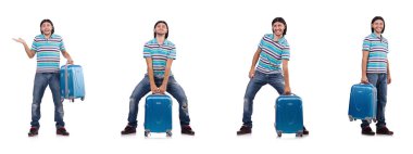 Bavullu genç adam beyaza izole edilmiş.