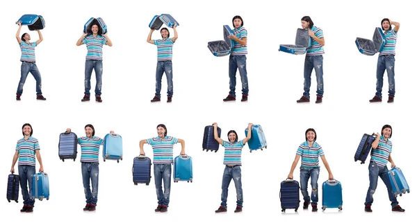 Young man with suitcase isolated on white — Stock Photo, Image