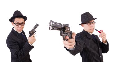 Çizgili takım elbiseli komik bir beyefendi beyazın üzerinde yalnız.