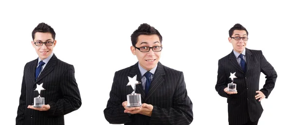 Businessman with star award isolated on white — Stock Photo, Image