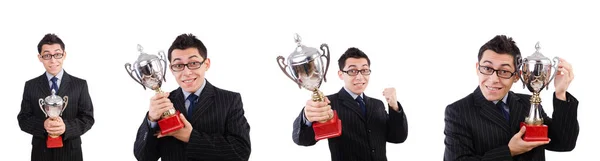 Funny guy receiving award on white — Stock Photo, Image