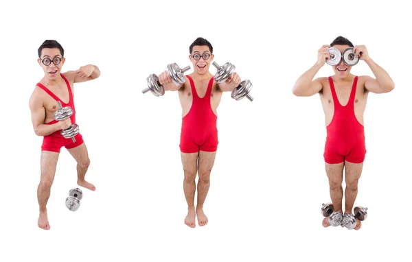 Funny guy with dumbbels on white — Stock Photo, Image