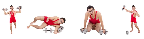 Chico divertido haciendo ejercicio con mancuernas en blanco — Foto de Stock