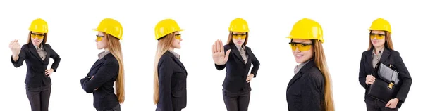 Žena stavební dělnice izolované na bílém — Stock fotografie