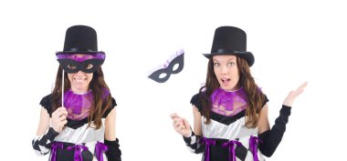 Soytarı kostüm üzerine beyaz izole maskesi ile güzel kız