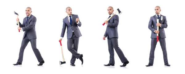 Funny businessman with axe on white — Stock Photo, Image