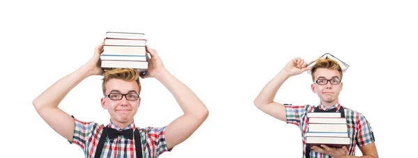 Studente divertente con pila di libri — Foto Stock
