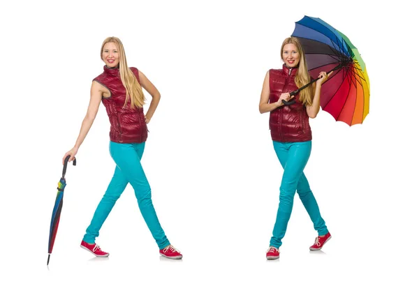 Junge Frau mit buntem Regenschirm isoliert auf weißem Grund — Stockfoto