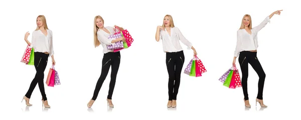 Жінка багато сумки після покупки ізольовані на білому — стокове фото