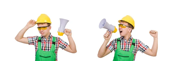 Funny construction worker with loudspeaker on white — Stock Photo, Image