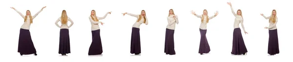 Mooi meisje in violet lange jurk geïsoleerd op wit — Stockfoto