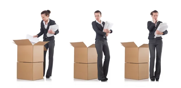 Woman businesswoman with boxes on white — Stock Photo, Image