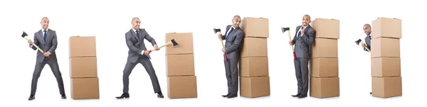 Man with axe and boxes on white — Stock Photo, Image