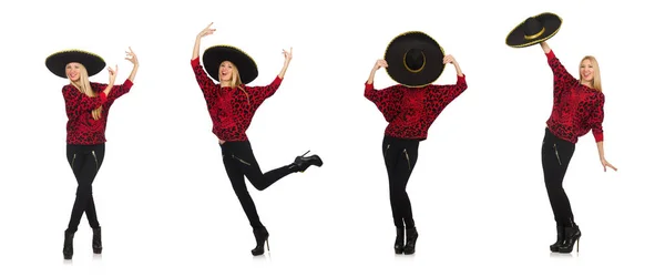 Funny mexican woman wearing sombrero isolated on white — Stock Photo, Image