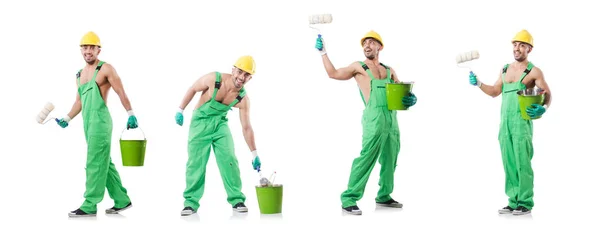 Painter in green coveralls on white — Stock Photo, Image