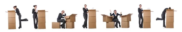 Woman businesswoman with boxes on white — Stock Photo, Image