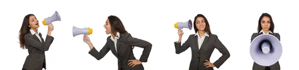 Woman with loudspeaker on white — Stock Photo, Image