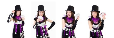 Soytarı kostüm üzerine beyaz izole kart ile güzel kız