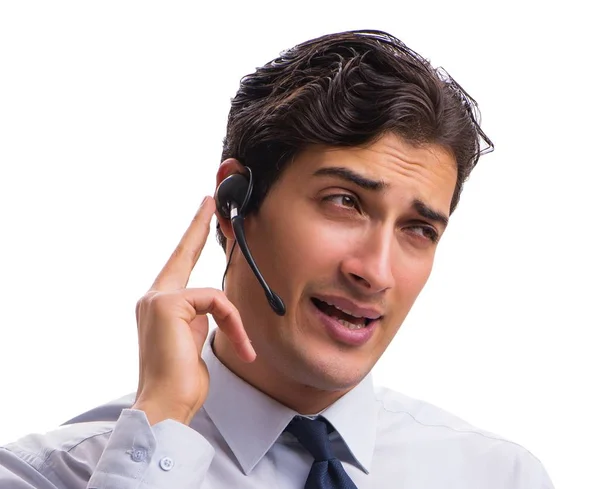 Homem com fone de ouvido isolado no fundo branco — Fotografia de Stock