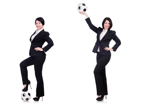 Podnikatelka s míčem na bílém — Stock fotografie