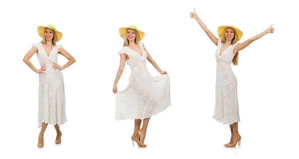 Γυναίκα στο μακρύ καλοκαιρινό φόρεμα και απομονωμένα σε λευκό καπέλο — Φωτογραφία Αρχείου