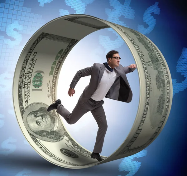 Businessman in hamster wheel chasing dollars — Stock Photo, Image