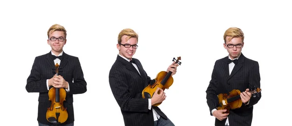 Fiatal zenész hegedűvel elszigetelt fehér — Stock Fotó