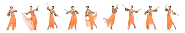 Žena v oranžové šaty izolovaných na bílém — Stock fotografie