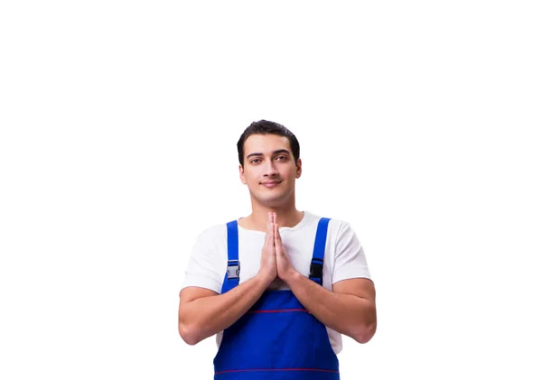 Knappe reparateur dragen blauwe overall op wit — Stockfoto