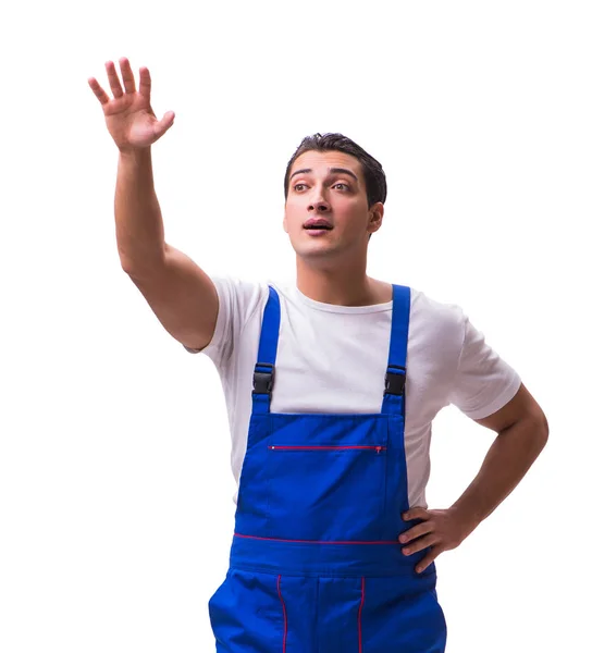 Handsome repairman wearing blue coveralls on white — Stock Photo, Image