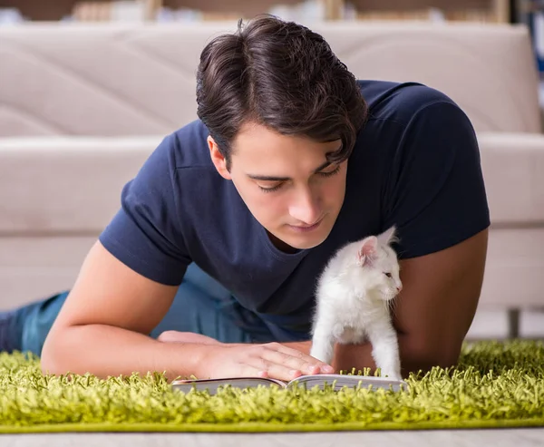 Ung vacker man leker med vit kattunge — Stockfoto