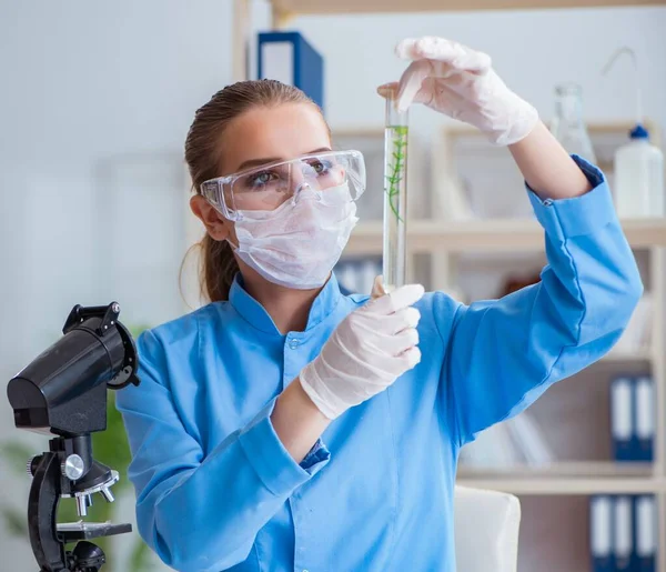 Vrouwelijke wetenschapper onderzoeker voert een experiment uit in een laboratorium — Stockfoto