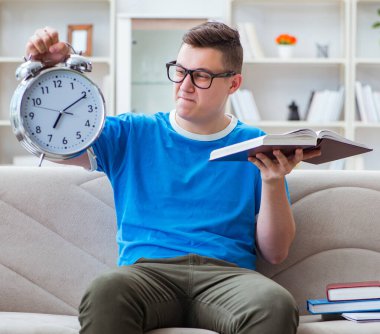 Sınavlara hazırlanan genç öğrenci kanepede ders çalışıyor.