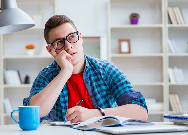 Jovem adolescente se preparando para exames estudando em uma mesa dentro de casa — Fotografia de Stock