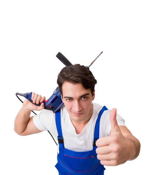 Funny repairman with drill isolated on white — Stock Photo, Image