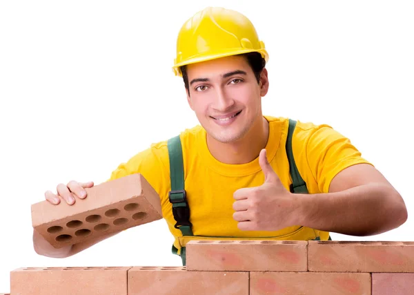 Handsome construction worker building brick wall — Stock Photo, Image