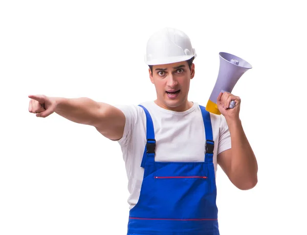 Homme avec mégaphone isolé sur blanc — Photo