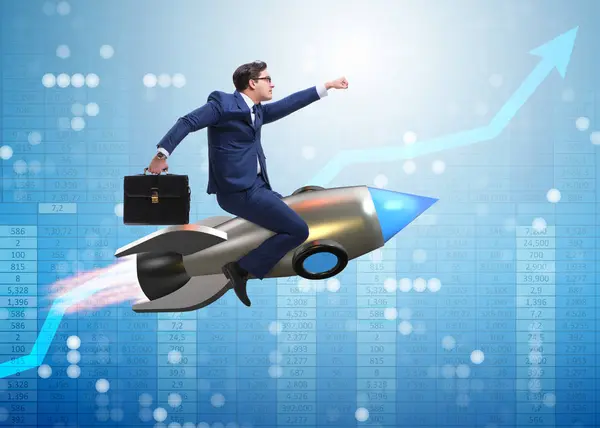 Zakenman vliegen op raket in business concept — Stockfoto