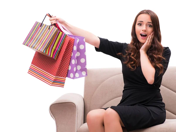 Jovem mulher após o Natal compras em branco — Fotografia de Stock