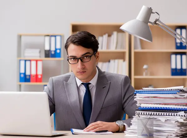 Schöner Geschäftsmann, der im Büro arbeitet — Stockfoto