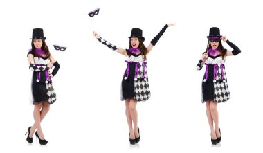 Güzel kız beyaz izole soytarı kostüm